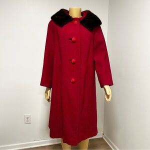 Vintage Red Wool Swing Coat‎ Genuine Mink Fur Collar Retro 50s 60s Overcoat